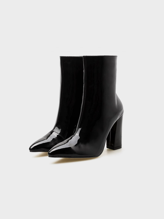 Leather Pointed Hoe Heeled Ankle Boots