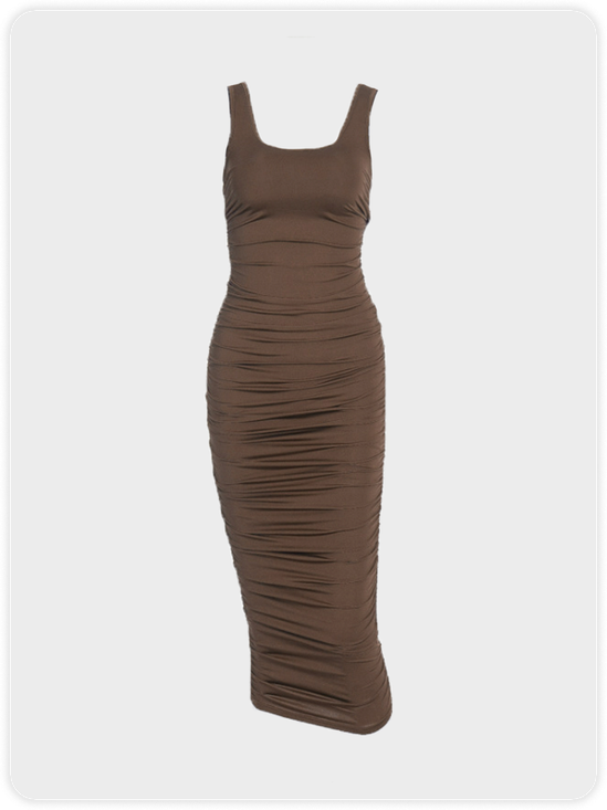 Wrinkled Crew Neck Plain Sleeveless Midi Dress