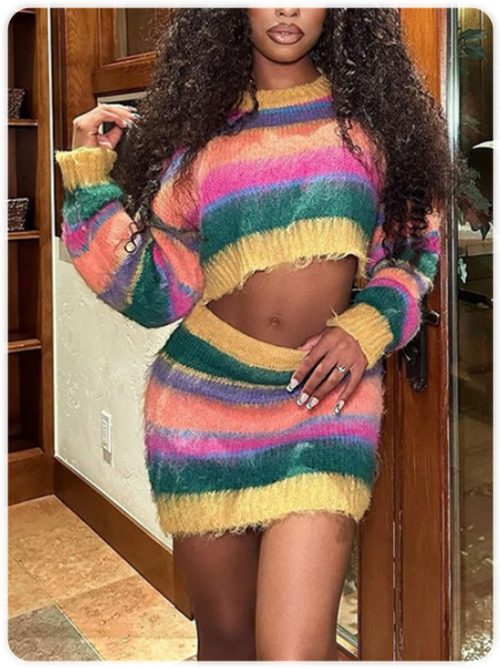 Knitted Striped Top With Skirt Two-Piece Set