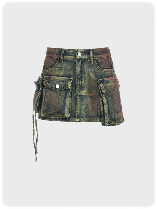 Street Multicolor Denim Pockets Bottom Skirt