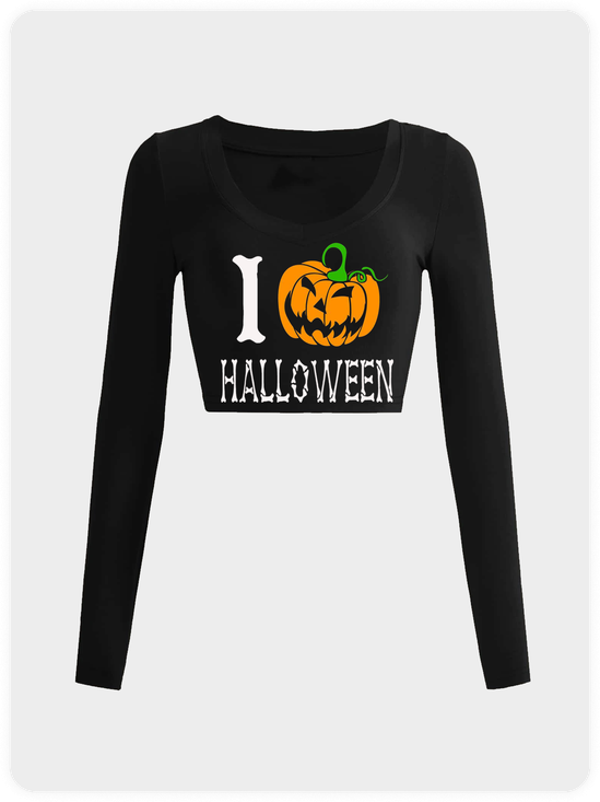 Crew Neck Halloween Pumpkin Long Sleeve T-Shirt