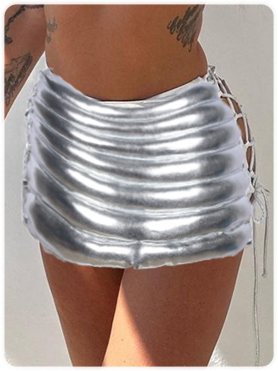 Metallic Cut Out Lace Up Plain Short Skirt