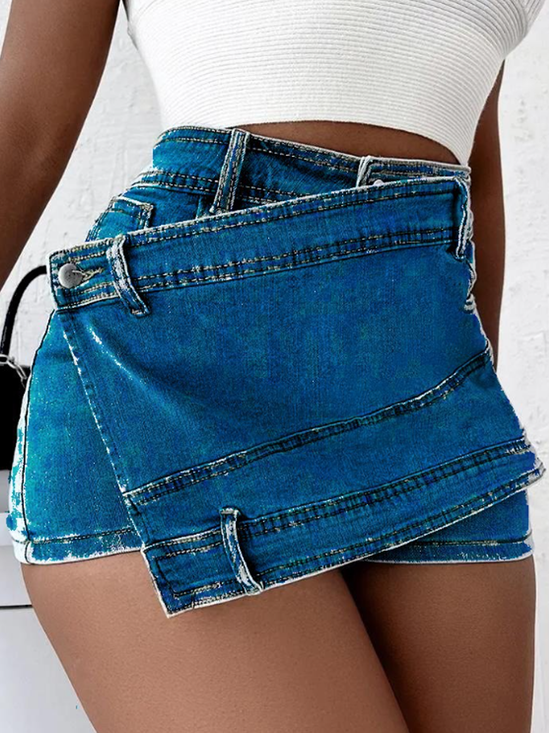 【Final Sale】Denim Asymmetrical Plain Shorts
