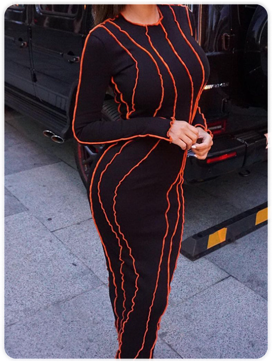 Crew Neck Color Block Long Sleeve Maxi Dress