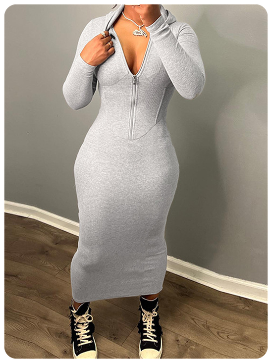 Hoodie Plain Zipped Long Sleeve Maxi Dress