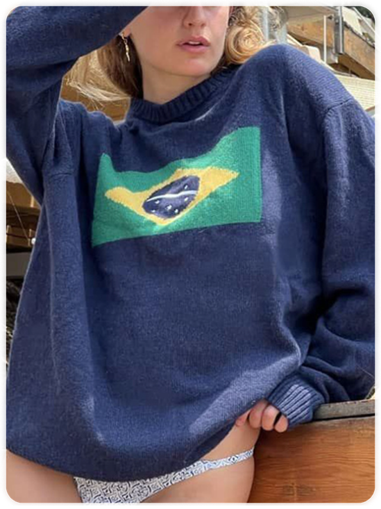 Brasil Crew Neck Geometric Long Sleeve Sweater