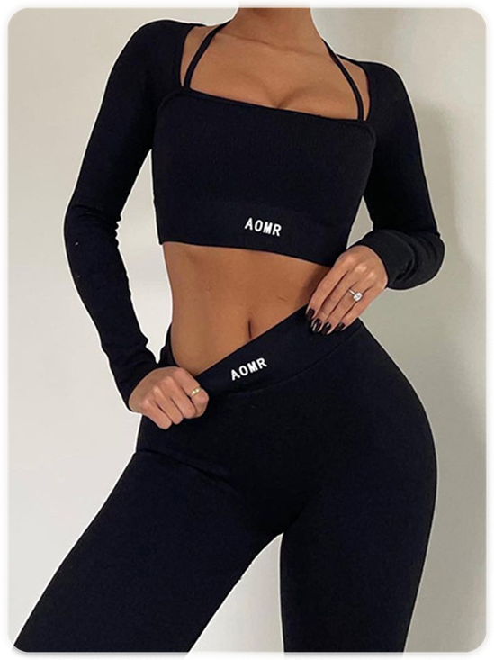 Activewear Plain Long Sleeve Top With Pants Two-Piece Set