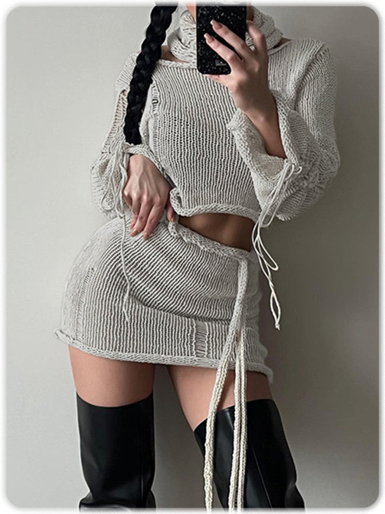 Knitted Cut Out Plain Top With Skirt Two-Piece Set