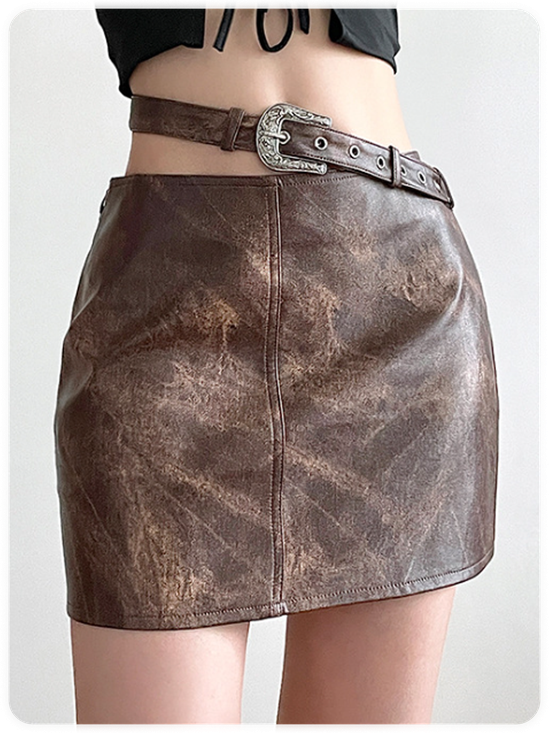 PU Tie-Dye Pattern Short Skirt With Belt