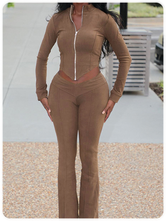 Zipper Stand Collar Plain Jacket With Pants Two-Piece Set