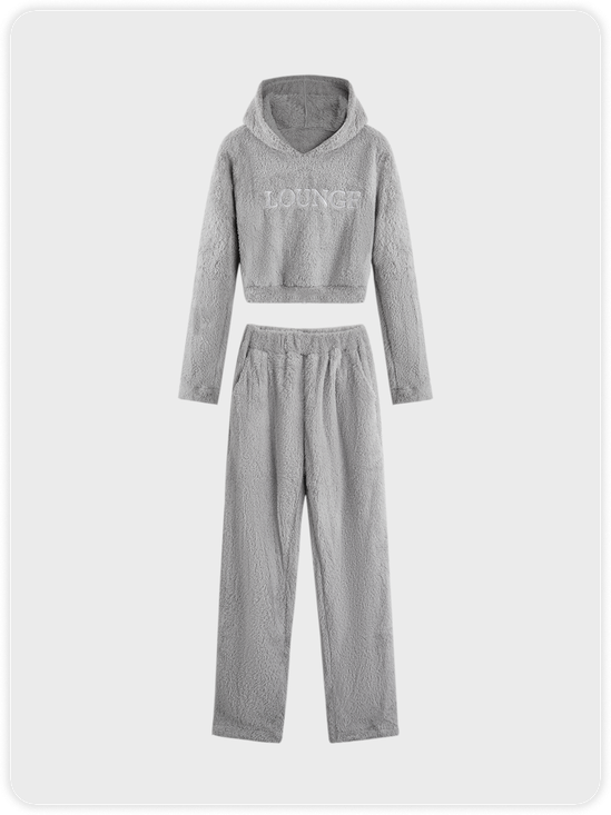 Fuzzy Letters Hooded Long Sleeve Top With Pants Two-Piece Set