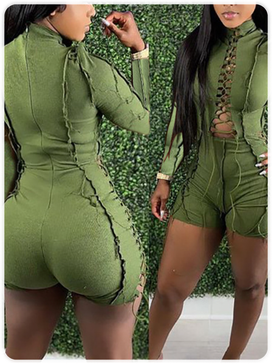 Lace Up Stand Collar Plain Long Sleeve Romper