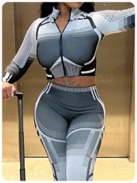 Activewear Striped Zipper Jacket With Pants Two-Piece Set