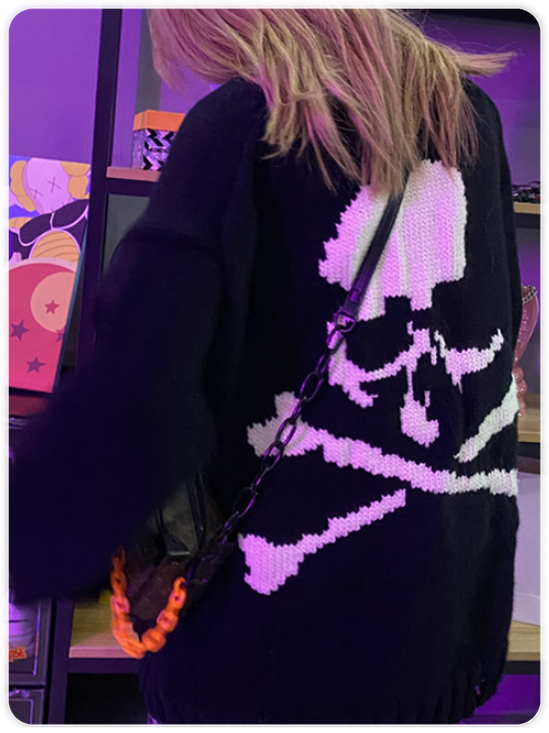 Cut Out Crew Neck Skull Long Sleeve Sweater