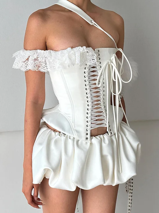 asymmetrical design Plain Top With Skirt Two-Piece Set