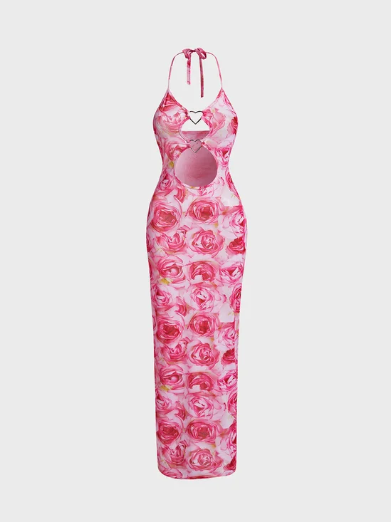 cut out Strapless Floral Sleeveless Maxi Dress