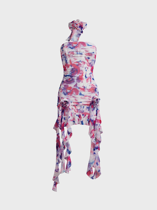 Strapless Floral Pattern Sleeveless Midi Dress