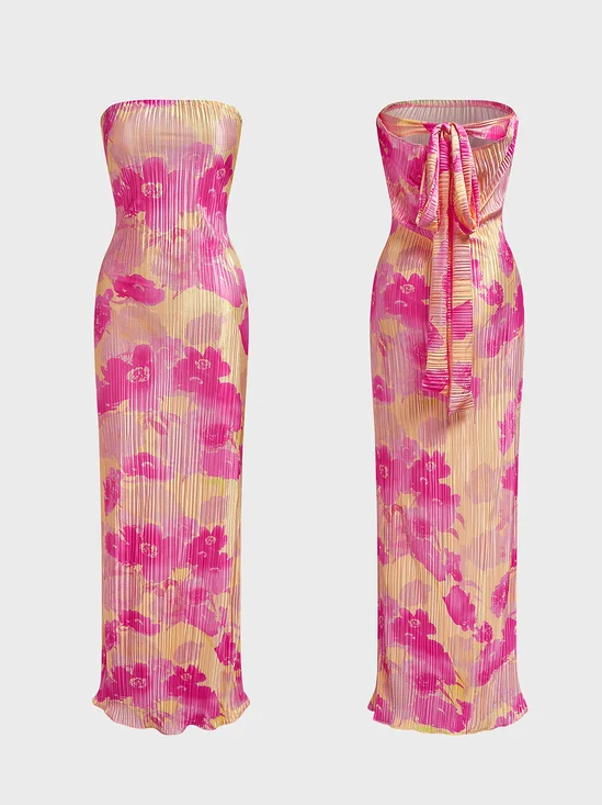 Pleats Strapless Floral Sleeveless Maxi Dress