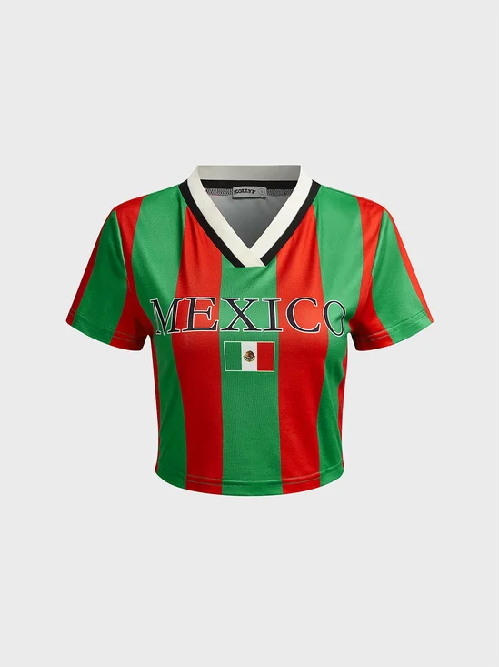 Mexico V Neck Striped Short Sleeve T-shirt