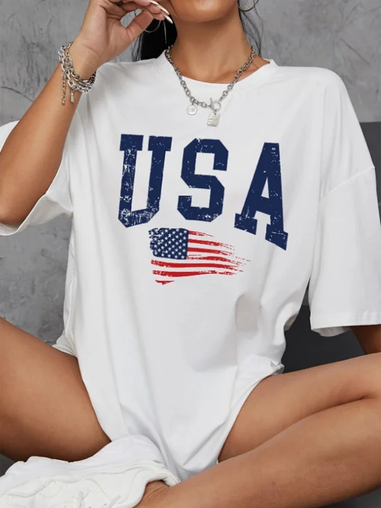 Jersey Crew Neck USA/US/American Short Sleeve T-shirt