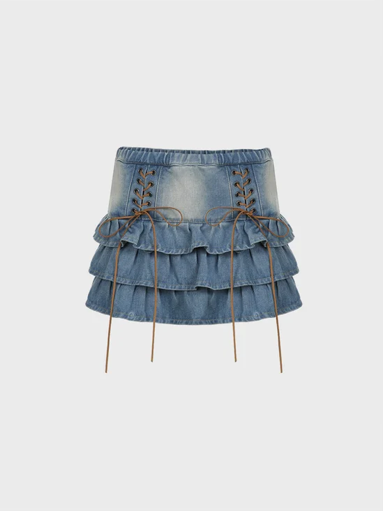 Denim lace up Plain Mini Denim Skirt