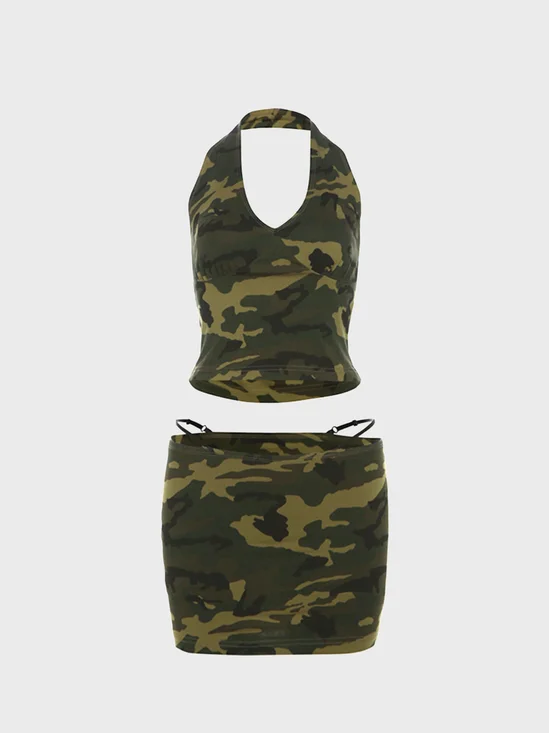 Jersey Camo Top With Skirt Two-Piece Set