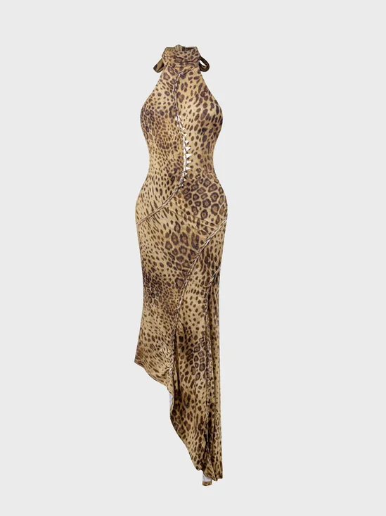 Halter Leopard Sleeveless Maxi Dress