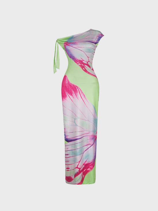 One Shoulder Butterfly Sleeveless Maxi Dress