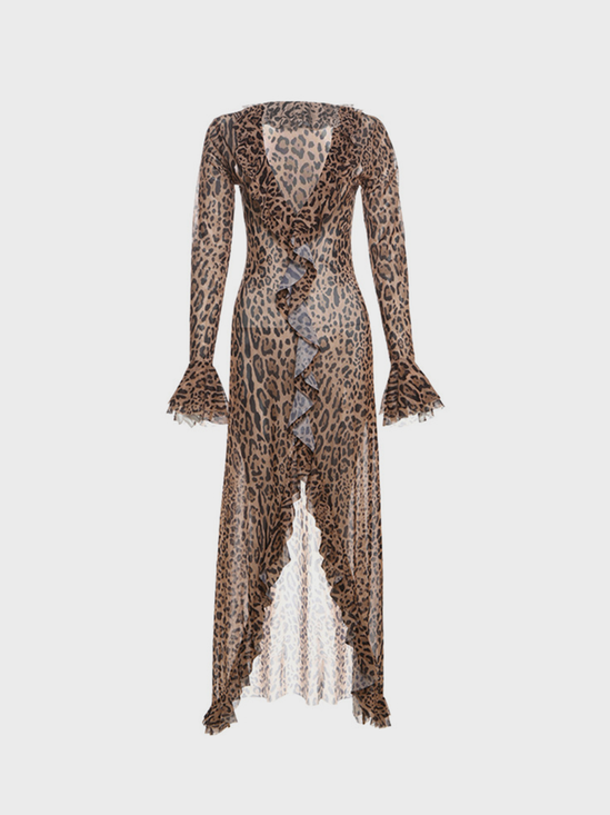 V Neck Animal Print Long Sleeve Maxi Dress