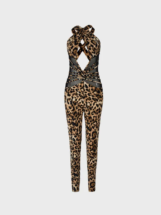 Jersey Cross Neck Leopard Sleeveless Jumpsuit