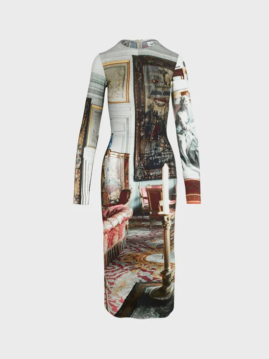 Crew Neck Pop Art Print Long Sleeve Midi Dress