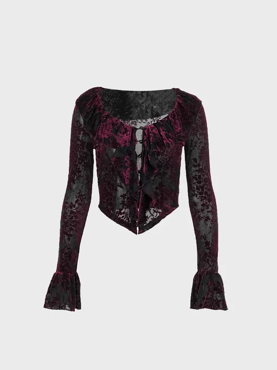 Velvet V Neck Floral Long Sleeve Blouse