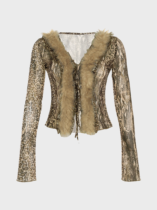 Faux Fur V Neck Animal Print Long Sleeve Blouse