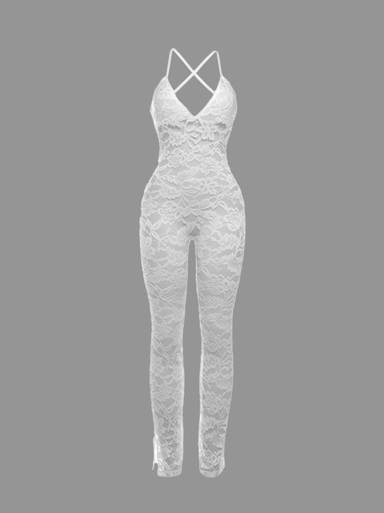Lace Spaghetti Plain Sleeveless Jumpsuit