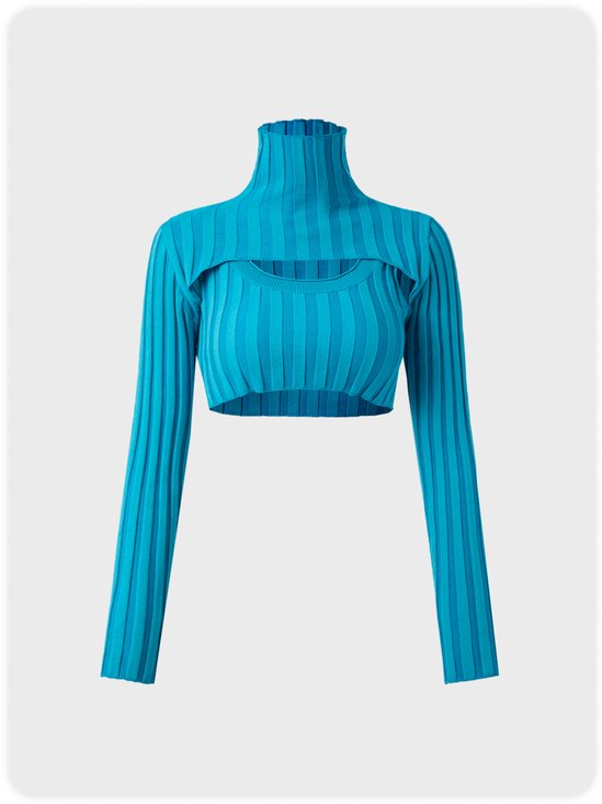 Double Layer Solid Knit Ribbed High Neck Long Sleeve Crop Sweater