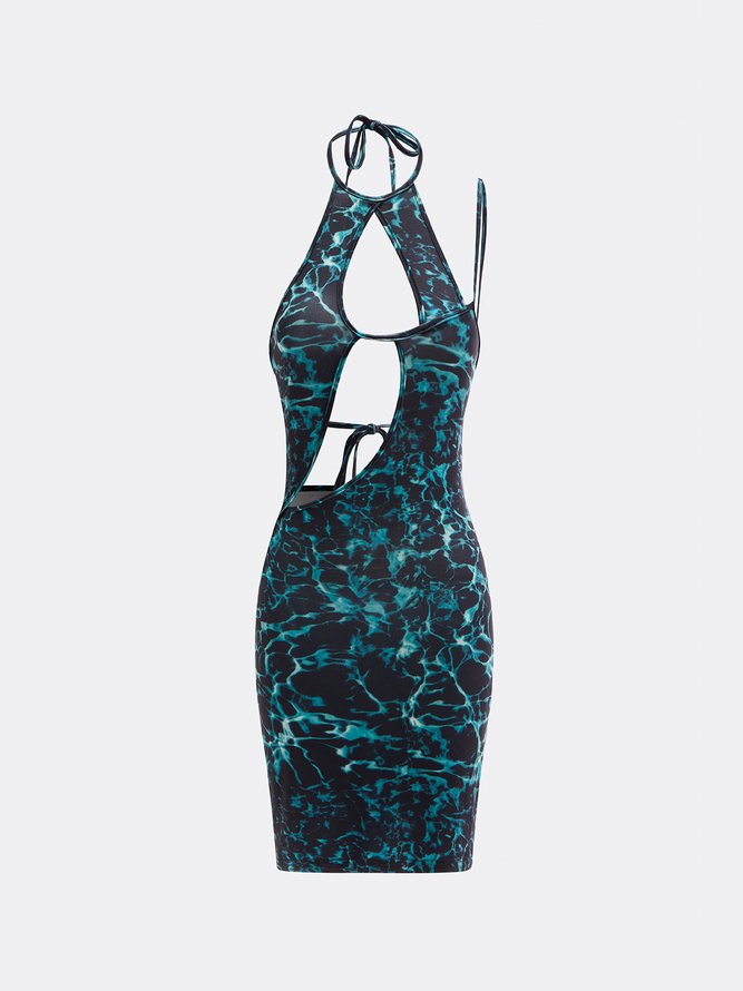 Edgy Blue Marbling Cut Out Halter Dress Mini Dress