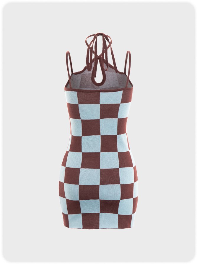 Checkered Printed checkerboard keyhole Halter Knit Mini Dress