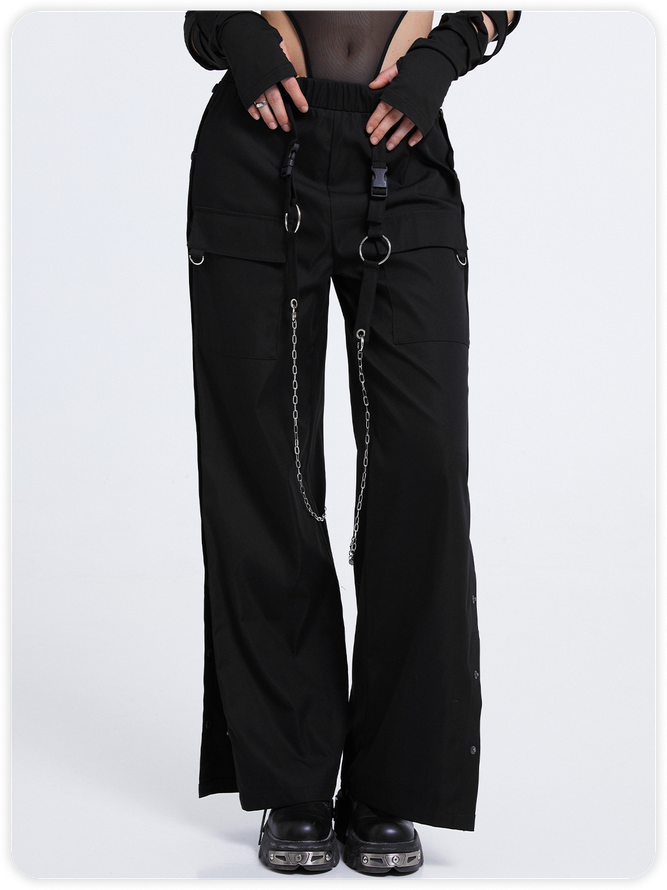 Street Black Side Slit Cut Out Metal Chain Bottom Pants