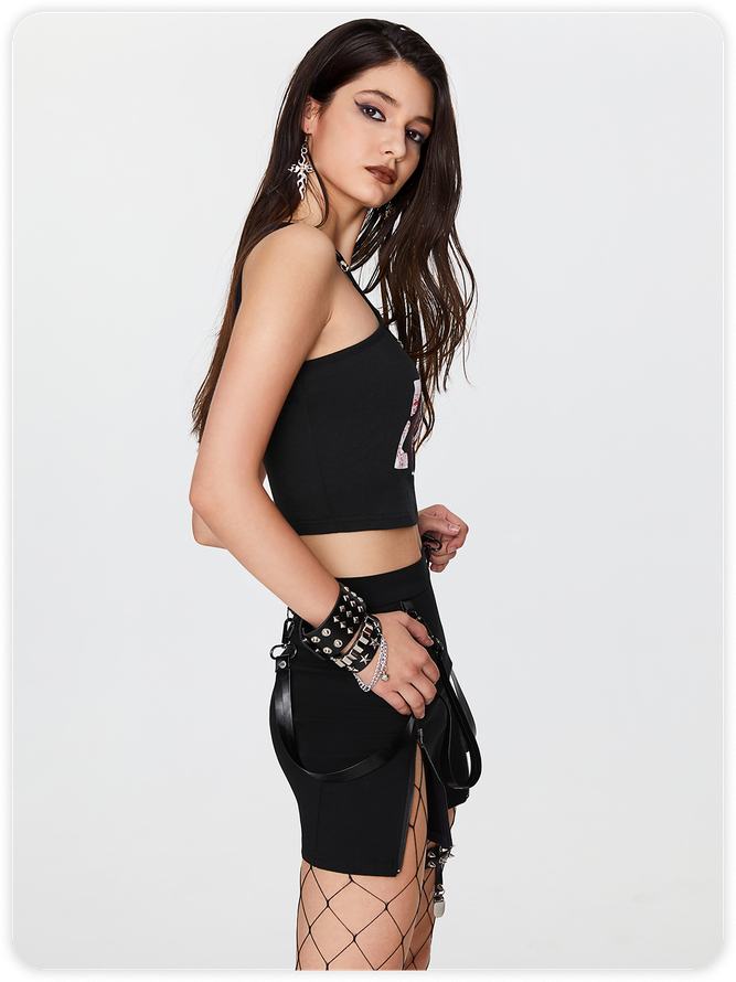 Punk Black Lace-Up Design Graffiti Halloween Top Tank Top & Cami