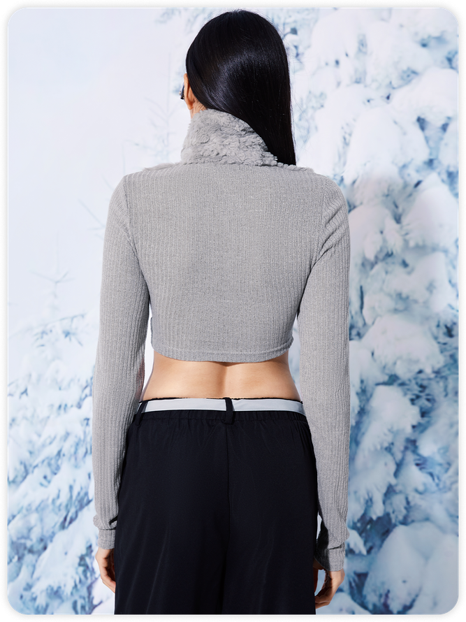 Fuzzy Patchwork Sherpa Stand Collar Long Sleeve Crop Top