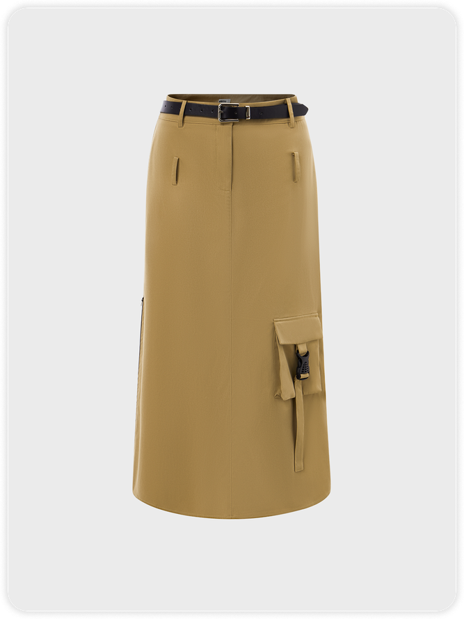 Street Khaki Pockets Split Bottom Skirt
