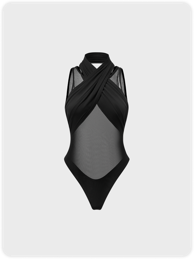 【Final Sale】Edgy Black Patchwork Mesh Bodysuit kollyy