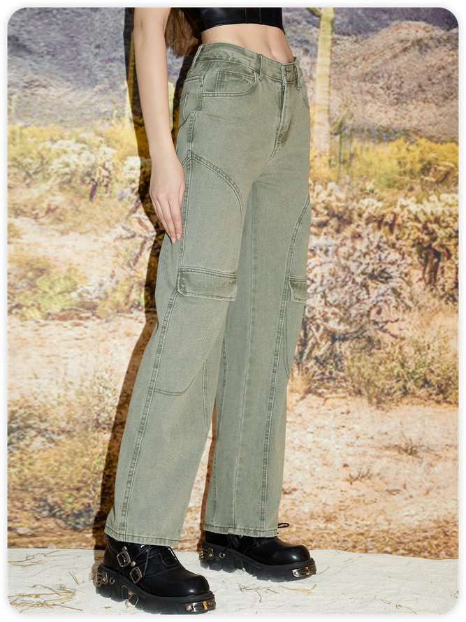 Street Green Pockets Bottom Pants