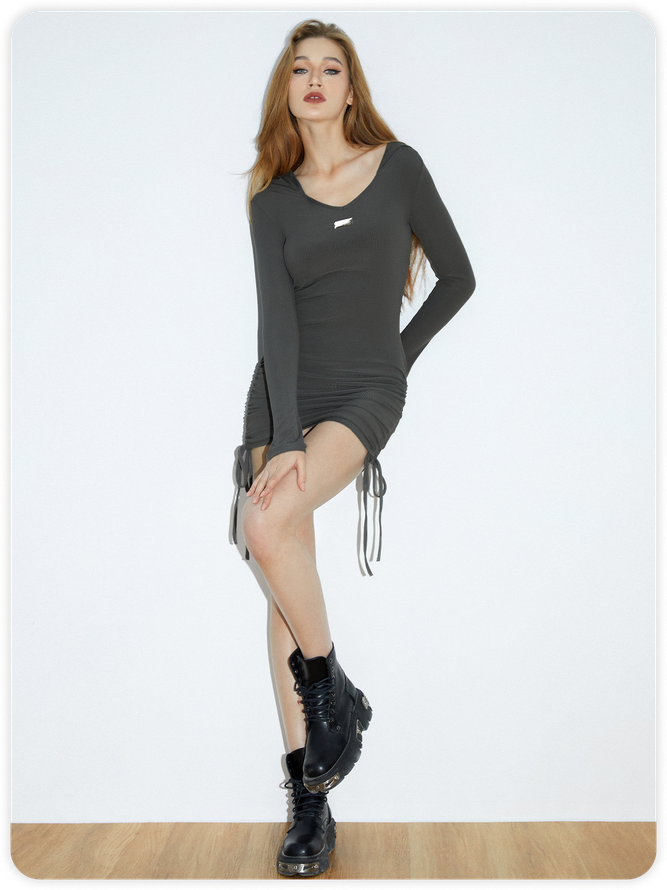 【Final Sale】Street Gray Hooded Drawstring Dress Mini Dress