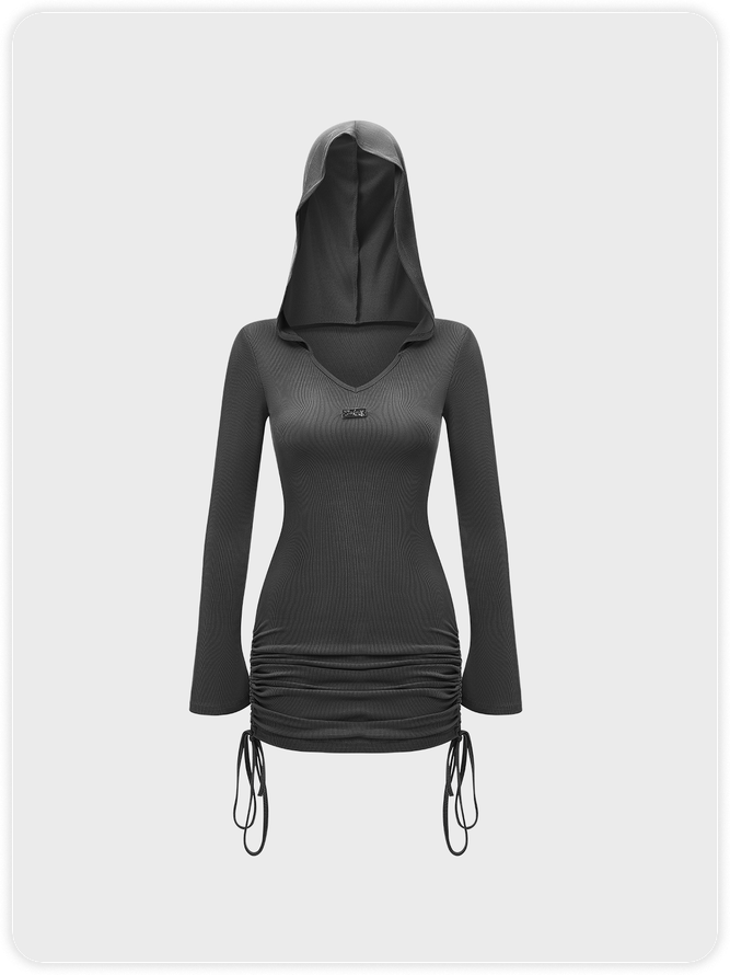 【Final Sale】Street Gray Hooded Drawstring Dress Mini Dress