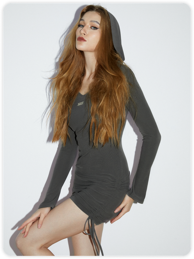 【Final Sale】Street Gray Hooded Drawstring Dress Mini Dress