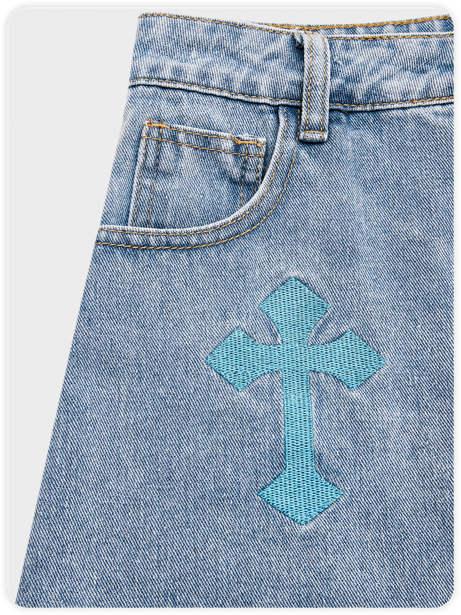 Street Blue Cross embroidery Denim Raw edge Bottom Skirt