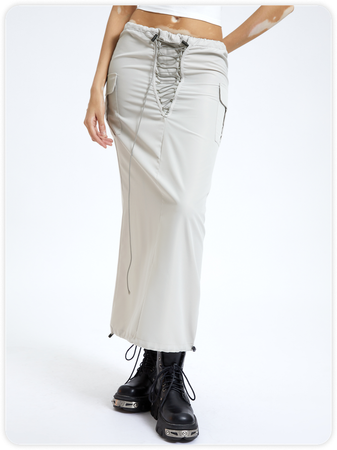 Street Khaki Awstring Lace up Cargo Bottom Skirt