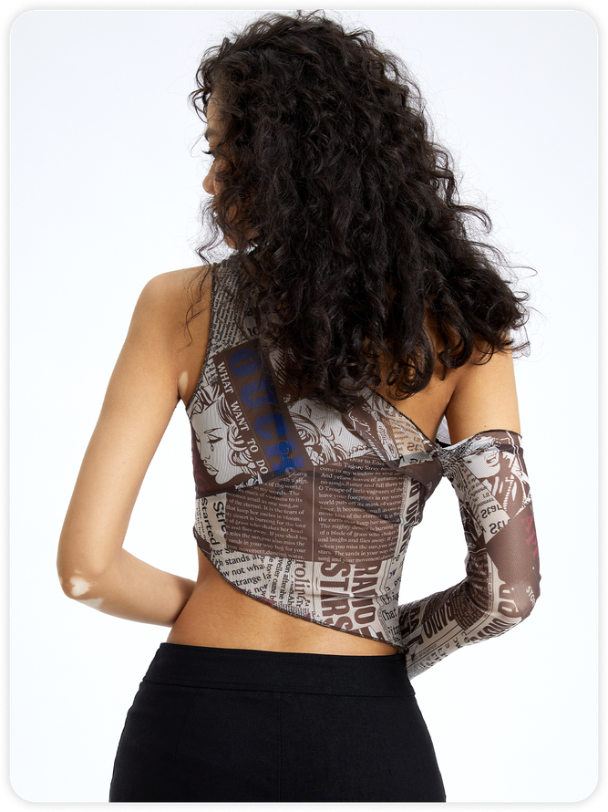 Street Brown One shoulder Ymmetrical design Vintage letter Top Women Top