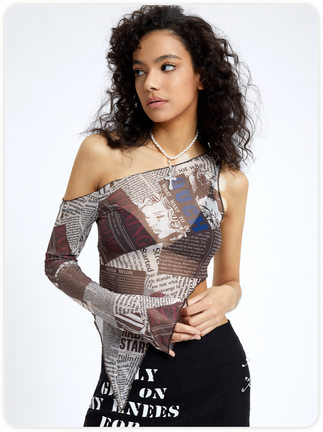 Street Brown One shoulder Ymmetrical design Vintage letter Top Women Top